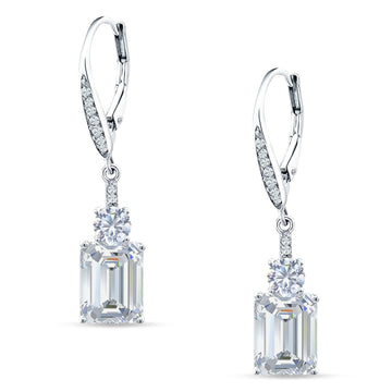 Emerald Cut Oblong Drop Dangle Leverback Earring Cubic Zirconia 925 Sterling Silver